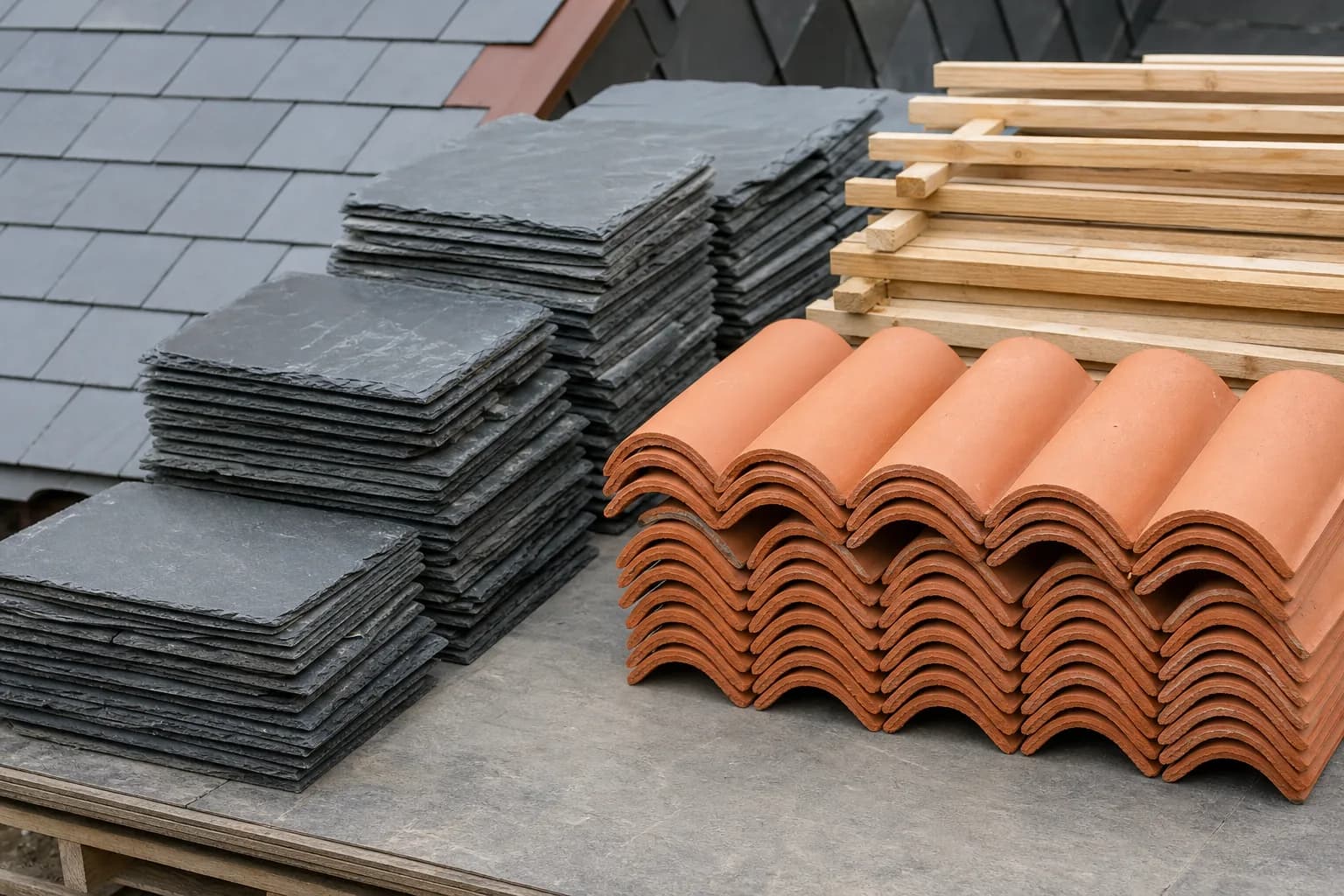 Natural slate and clay roof tiles with timber battens, sustainable roofing materials